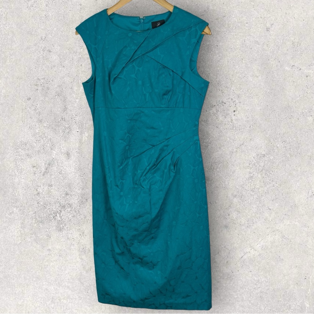 Adrianna Papell Teal Blue Party Dress Womens Size 8 Midi Length Sheath Shiny